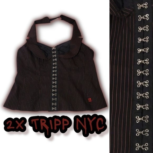 2x Vintage Halter hook vest corset pinstripe lace black red plus